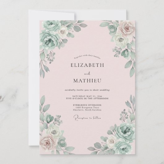 Champagner-Grau-grüne-Eukalyptus-Hochzeit Einladung (Vorderseite)
