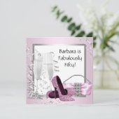 Champagner High Heels Frauen Rosa & Schwarz Geburt Einladung (Stehend Vorderseite)