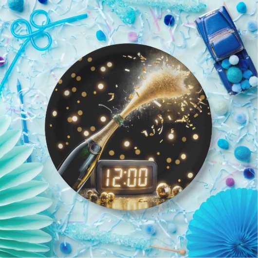 Champagner im neuen Jahr mit Mitternachtsuhr Pappteller (Party)