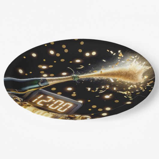 Champagner im neuen Jahr mit Mitternachtsuhr Pappteller (Schrägansicht)