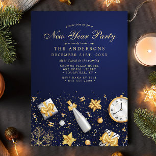 Champagner Konfetti Gold Navy Blau Neujahrsparty Einladung