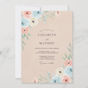 Champagner-Korallen-Blüten-Hochzeit Einladung