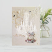 Champagner-Kronleuchter mit Tee-Party aus Brautpar Einladung (Stehend Vorderseite)