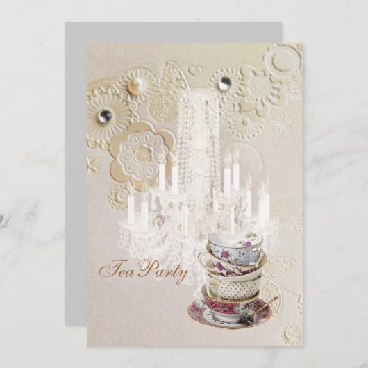 Champagner-Kronleuchter mit Tee-Party aus Brautpar Einladung (Vorne/Hinten)