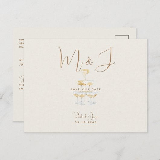 Champagner Moderne Beige Hochzeit retten Postkarte (Vorne/Hinten)