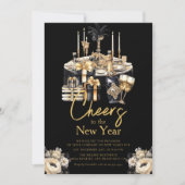 Champagner Neujahr feiern Black Gold Einladung (Vorderseite)