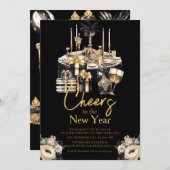 Champagner Neujahr feiern Black Gold Einladung (Vorne/Hinten)