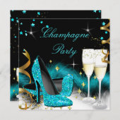 Champagner Party Glitzer Aquamarin Blue High Heels Einladung (Vorne/Hinten)