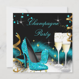 Champagner Party Glitzer Aquamarin Blue High Heels Einladung