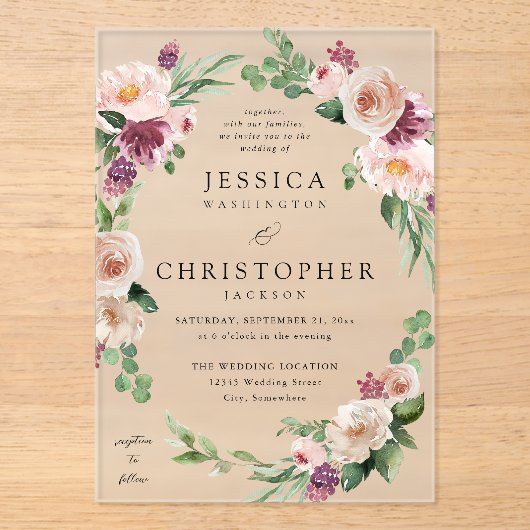 Champagner & Pink Floral 2 Hochzeit Acryleinladungen (Vorderseite)