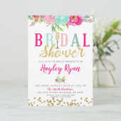 Champagner Pink & Mint Blume Brautparty Einladung (Stehend Vorderseite)