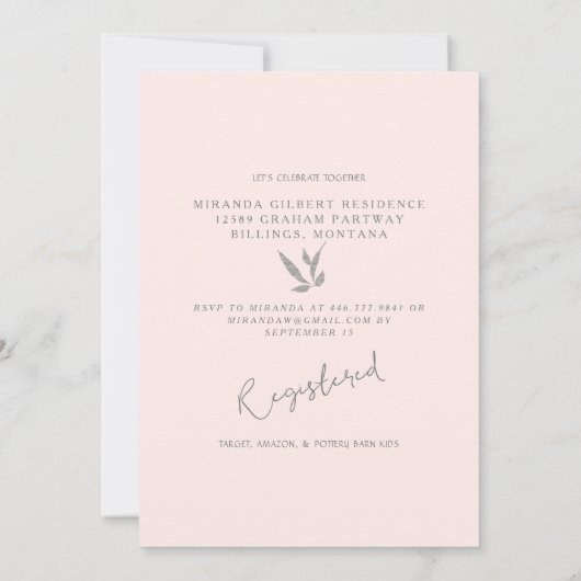 Champagner Pink & Silver Glam Baby Dusche Einladung (Rückseite)