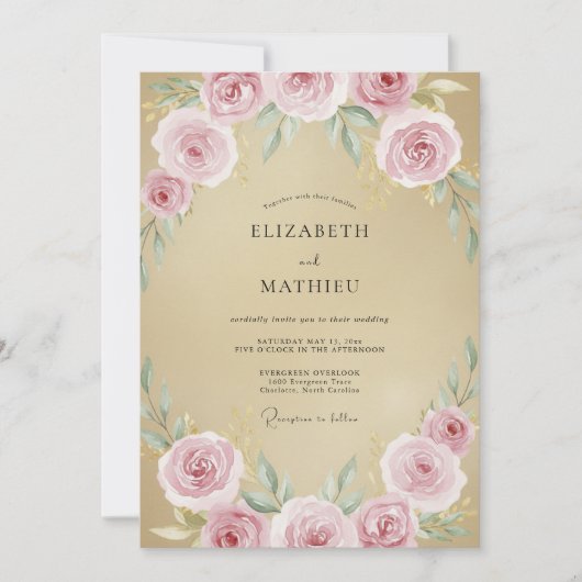 Champagner-Rosa-Rosen-Hochzeit Einladung (Vorderseite)