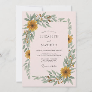 Champagner-Rosa Sonnenblumen-Eukalyptus-Hochzeit Einladung