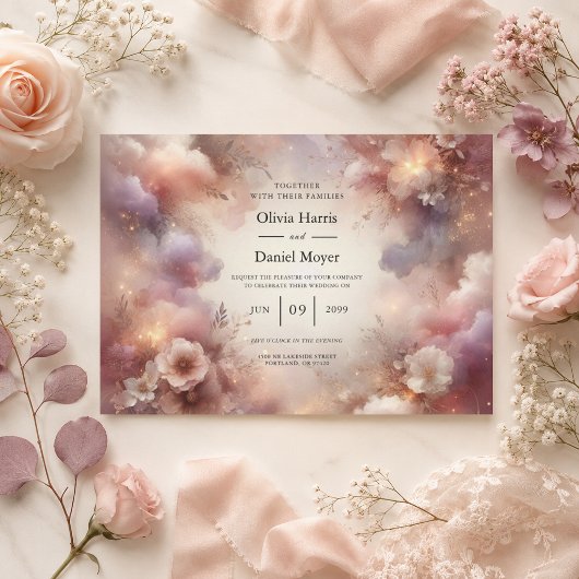 Champagner-Rosé Stardust Gartenhochzeit Einladung