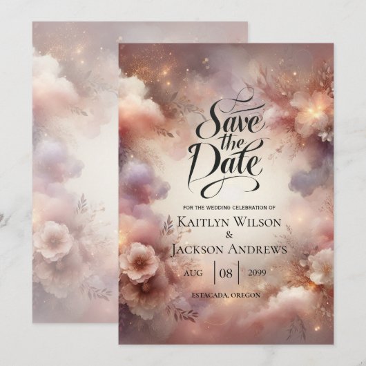 Champagner-Rosé Stardust Gartenhochzeit Save The Date (Vorne/Hinten)