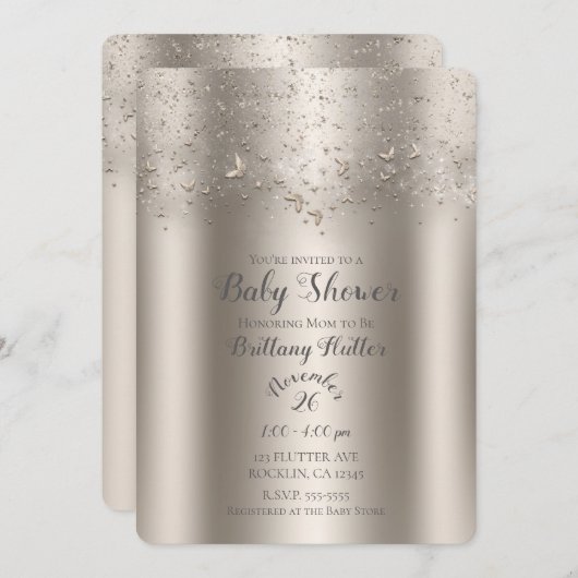 Champagner Shimmer Flutter Butterfly Babydusche Einladung (Vorne/Hinten)