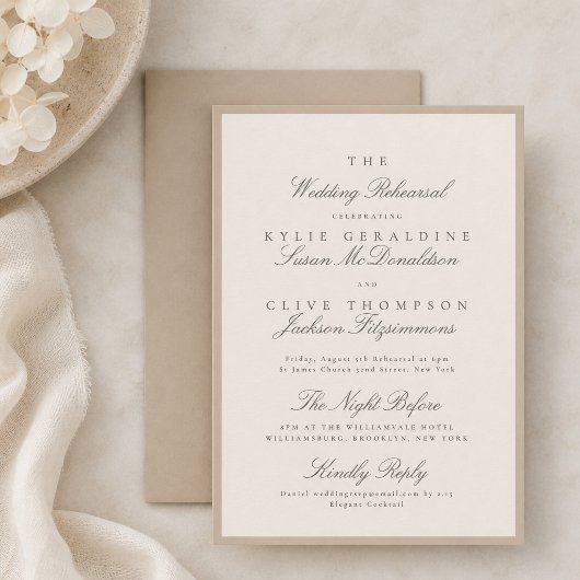 Champagner-Taupe-Hochzeitsprobe Einladung