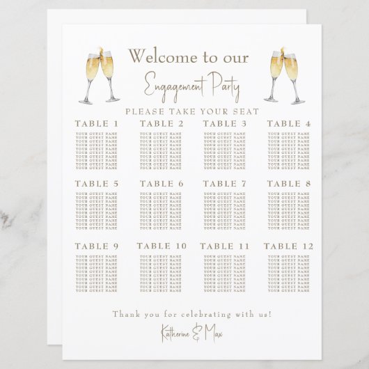 Champagner Toast Engagement Party Seekarte (Vorne/Hinten)