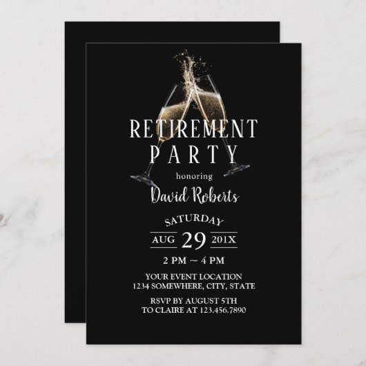 Champagner Toast Ruhestand Elegant Black Einladung (Vorne/Hinten)