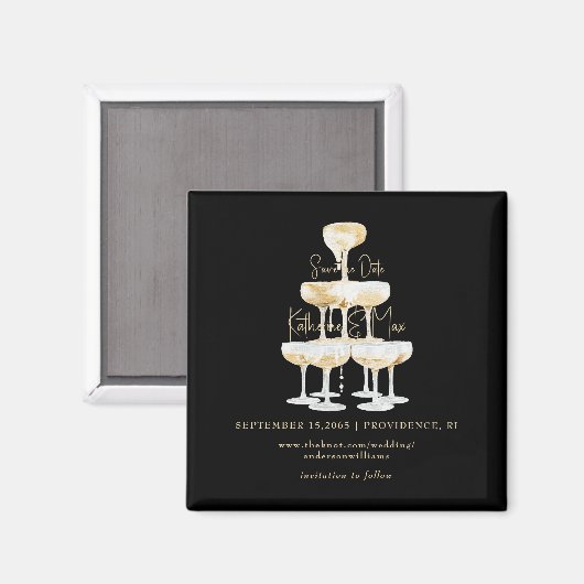 Champagner Tower Black & Gold Wedding Save the Dat Magnet (Vorderseite/Rückseite)