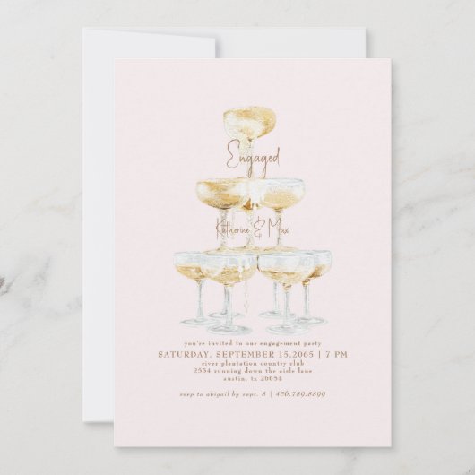 Champagner Tower Gold Text Blush Engagement Party Einladung (Vorderseite)