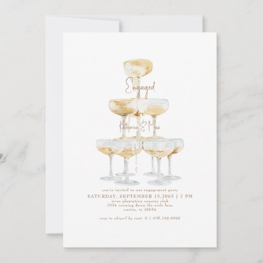 Champagner Tower Gold Text Engagement Party Einladung (Vorderseite)