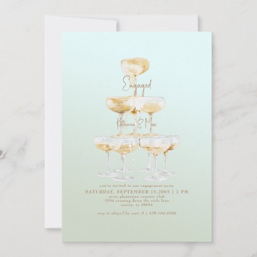 Champagner Tower Gold Text Sage Engagement Party Einladung (Vorderseite)