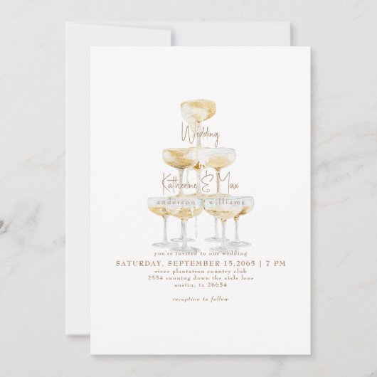 Champagner Tower Gold Text Wedding Einladung (Vorderseite)
