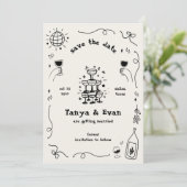 Champagner Tower Hand Drawn Fun Disco Hochzeit Save The Date (Stehend Vorderseite)