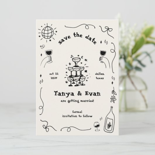 Champagner Tower Hand Drawn Fun Disco Hochzeit Save The Date (Stehend Vorderseite)