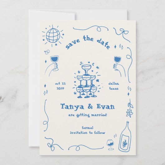 Champagner Tower Hand Drawn Fun Disco Hochzeit Save The Date (Vorderseite)