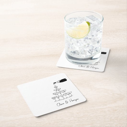 Champagner Tower Sketch Individuelle Name Wedding Rechteckiger Pappuntersetzer (Vor Ort)