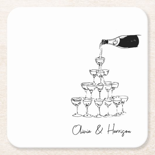 Champagner Tower Sketch Individuelle Name Wedding Rechteckiger Pappuntersetzer (Vorderseite)