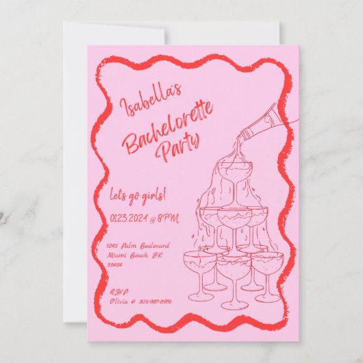 Champagner Tower Wavy Hand Drawing Junggeselinnen- Einladung (Vorderseite)