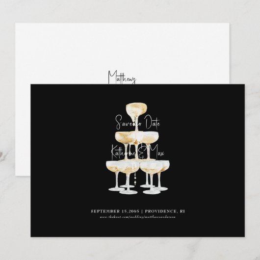 Champagner Tower Wedding Black Rette unser Datum Einladung (Vorne/Hinten)