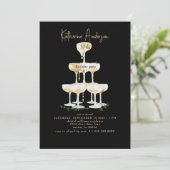 Champagner-Turm Schwarze 30. Geburtstagsfeier Einladung (Stehend Vorderseite)