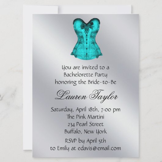 Champagner und Aquamariner Blue Corset Junggeselin Einladung (Rückseite)