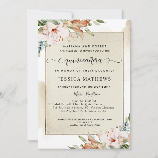 Champagner und Blütenrosa Einladung (Vorderseite)