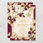 Champagner und Burgund Rose Gold Blätter Schmetter Einladung (Vorne/Hinten)
