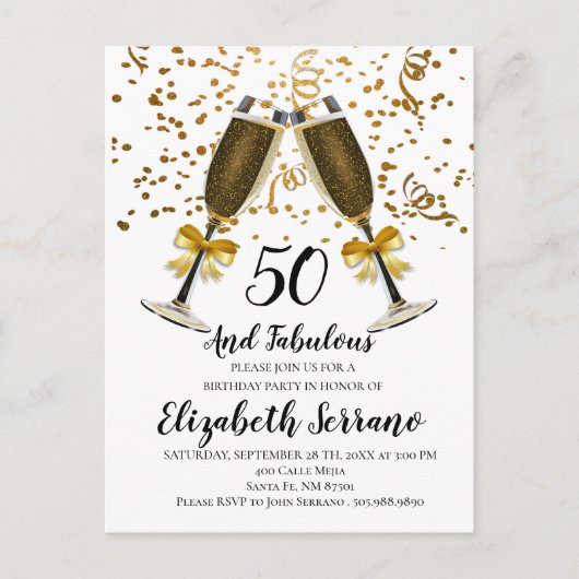 Champagner und Confetti Gold 50. Geburtstag Postkarte (Vorderseite)