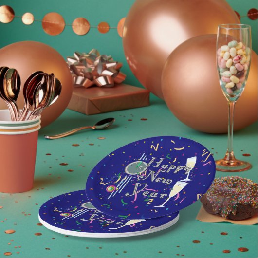 Champagner und Countdown-Uhr Neujahr Pappteller (Multi)