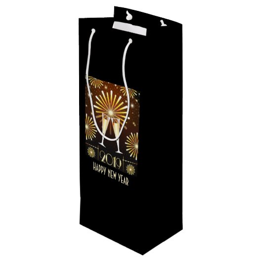Champagner und Feuerwerk Silvester 2019 Geschenktüte Für Weinflaschen (Rückseite Schrägansicht)