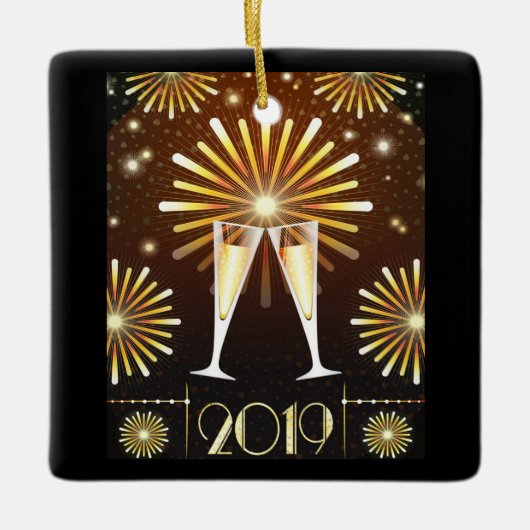 Champagner und Feuerwerk Silvester 2019 Keramikornament (Vorderseite)