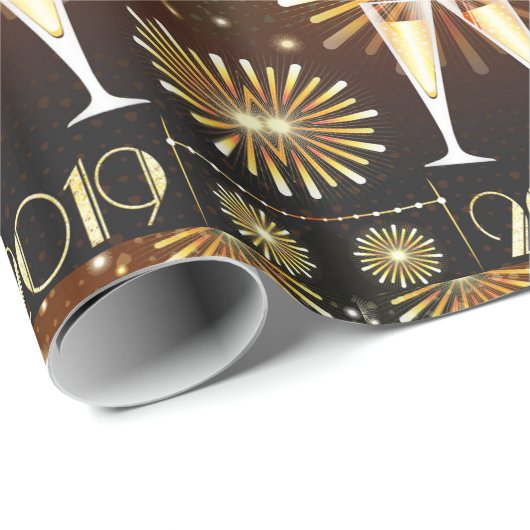 Champagner und Feuerwerk Silvester 2019 Muster Geschenkpapier (Rolleneckpunkt)