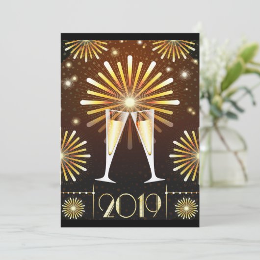 Champagner und Feuerwerkskörper - Einladung Neujah (Stehend Vorderseite)