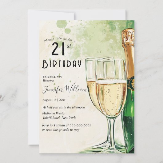 Champagner und Gläser 21. Party Einladung (Vorderseite)