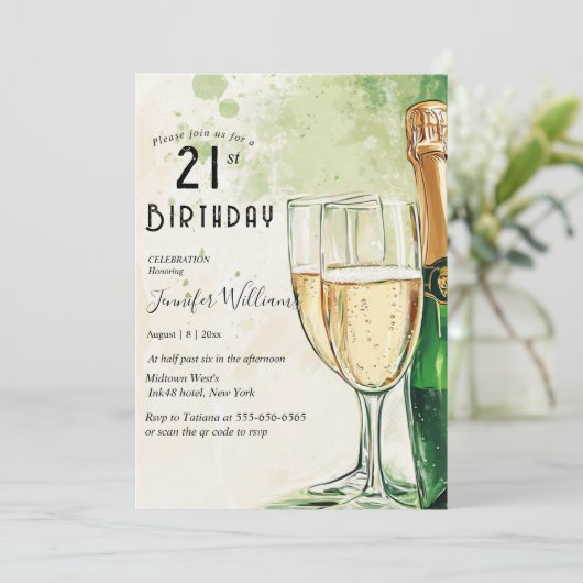 Champagner und Gläser 21. Party Einladung (Stehend Vorderseite)