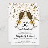 Champagner und Gold Confetti Weißer 50. Geburtstag Einladung (Vorne/Hinten)