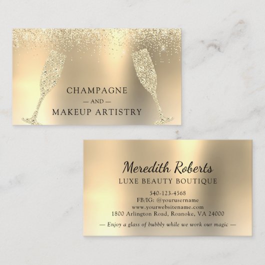 Champagner und Makeup Gold Foil Glitzer Visitenkarte (Vorne/Hinten)